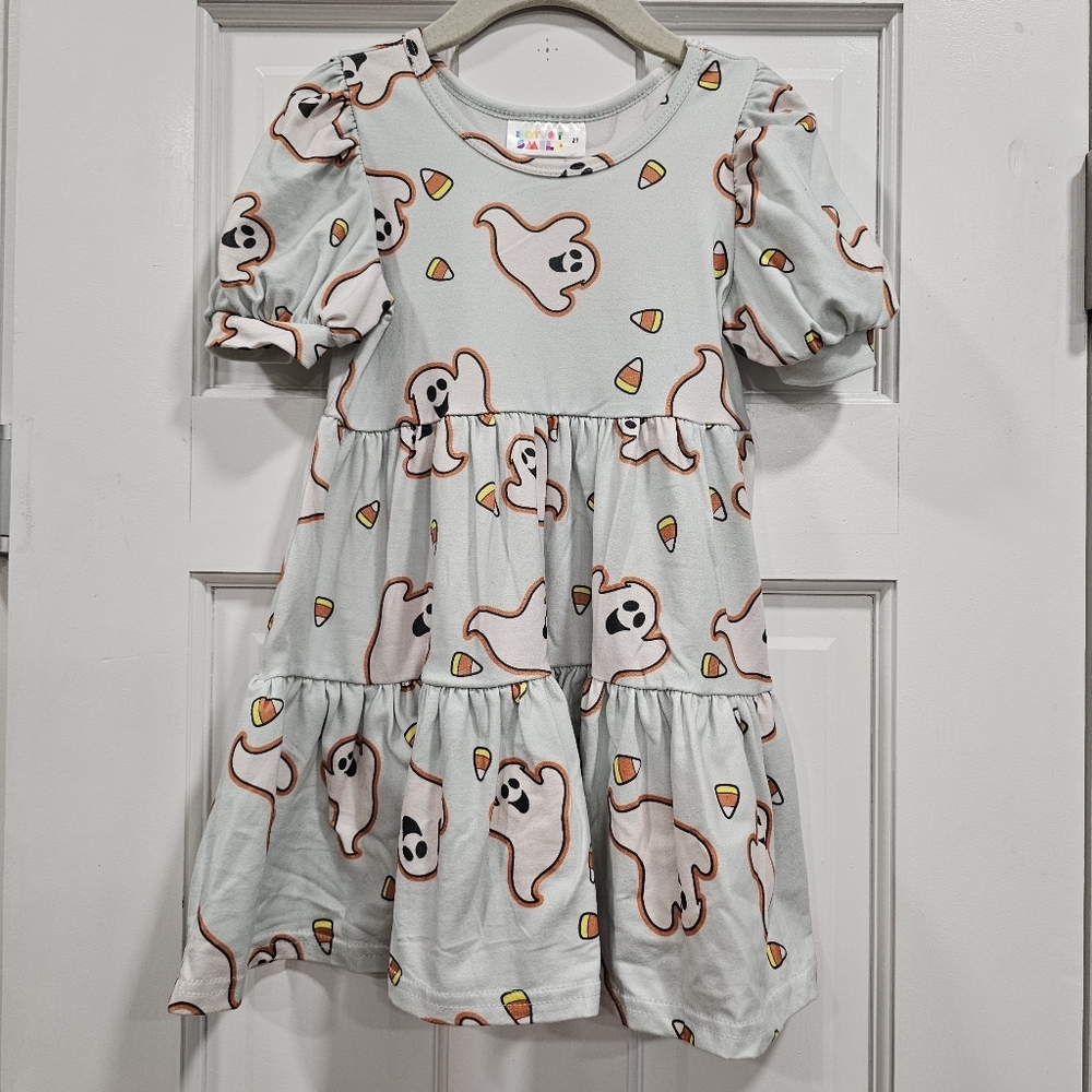 🎃 DotDotSmile 2T Halloween Ghost Candy Corn Tiered Twirl Dress Puff Sleeve EUC
